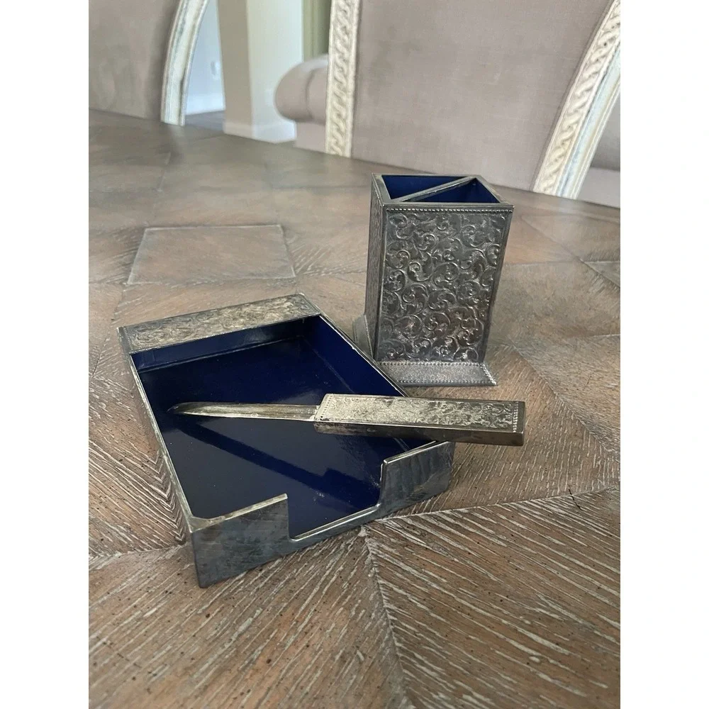 Vtg Silver Plate 3 Pc Desk Set Embossed Pen Pencil Cup Letter Opener Paper Bin
